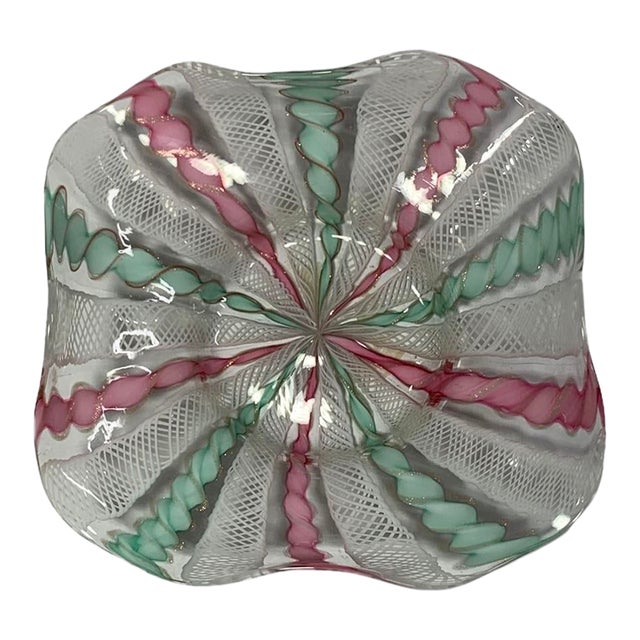 1950s Murano Latticino and Ribbon Glass Bowl Italy For Sale