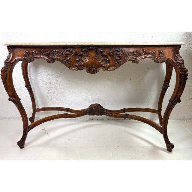 Antique Italian Marble Topped Hand Carved Walnut Console For Sale In Philadelphia - Image 6 of 12