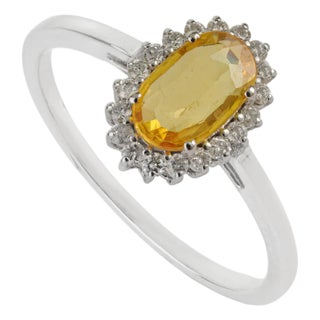 14k Gold Art Deco Natural Yellow Sapphire & Diamond Halo Ring Size 5.5 For Sale