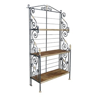 Vintage French Scrolled Iron & Brass Bakers Rack Etagere Wall Shelf Bookcase 86" For Sale