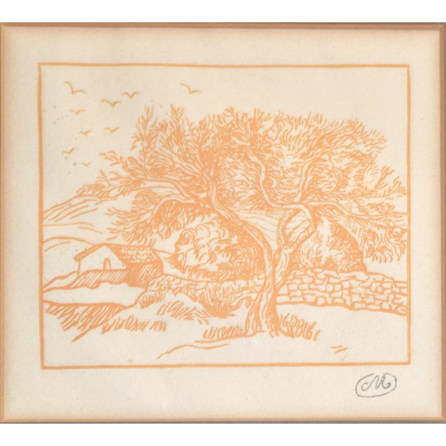Art Nouveau Style 1950 Print on heavy paper in a Light brown-orangish Color, depicting a Landscape Scenery in the...