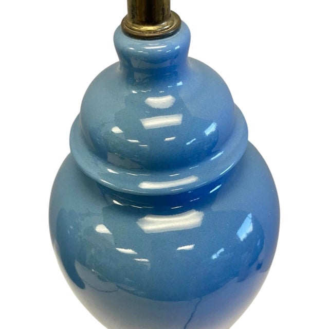 1980s Vintage Mid-Century Modern Glossy Blue Ginger Jar Ceramic Table Lamps - 2 Piece For Sale - Image 5 of 7