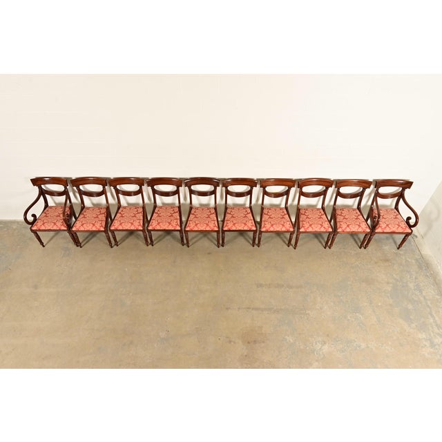 Mid 20th Century Baker Furniture Style English Regency Carved Mahogany Dining Chairs, Set of Ten For Sale - Image 5 of 14