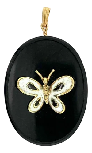 Onyx Enamel 14k Yellow Gold Butterfly Oval Charm Pendant