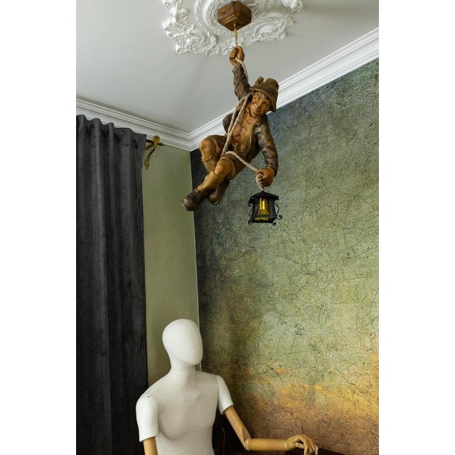 Large German Black Forest Carved Wood Mountaineer with Lantern, 1950s For Sale - Image 10 of 18