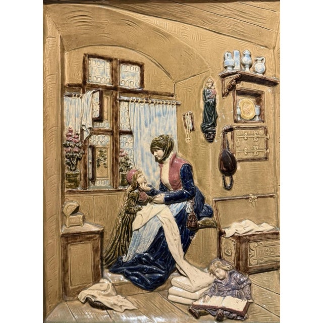 Historicism Porcelain Majolica Relief Image of a Mother with Children in a Room, 1890s For Sale - Image 11 of 13