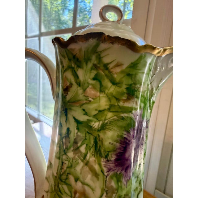Victorian Antique Haviland & Co. Limoges Hand-Painted Thistle Chocolate Pot (C. 1888–1896) For Sale - Image 3 of 7