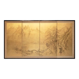 1960s Landscape With Bridge, Showa Era Japanese Painted Byobu Screen For Sale
