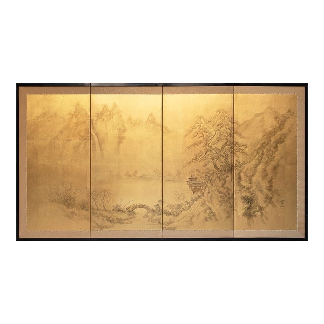1960s Landscape With Bridge, Showa Era Japanese Painted Byobu Screen For Sale