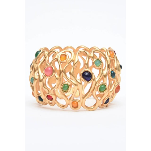 Mid 20th Century Vintage Gold Plated Cuff Bracelet With Jewel Tone Glass Stones 80's For Sale - Image 5 of 7