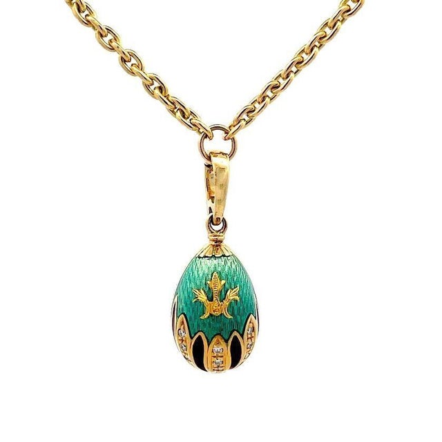 Contemporary Faberge Diamond Egg Pendant Necklace 18k Yellow Gold Guilloche Enamel For Sale - Image 3 of 8