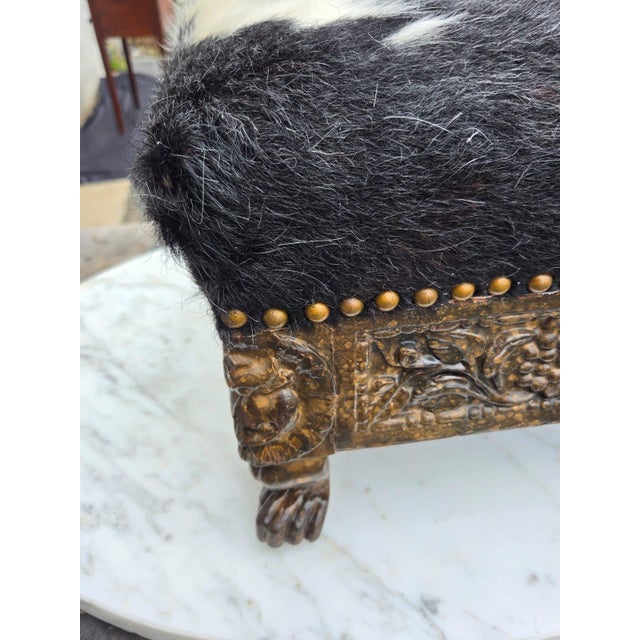 Animal Skin Oriental Carved Footstool With Cow Leather. For Sale - Image 7 of 11
