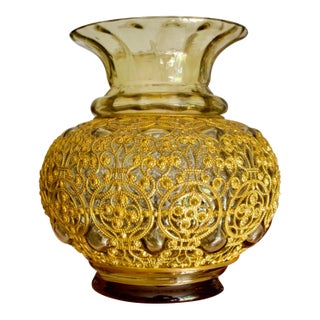Adolf Heyden for Fritz Heckert Antique Glass Vase – Brass Caged Olive Green Art Glass, Circa 1880s For Sale