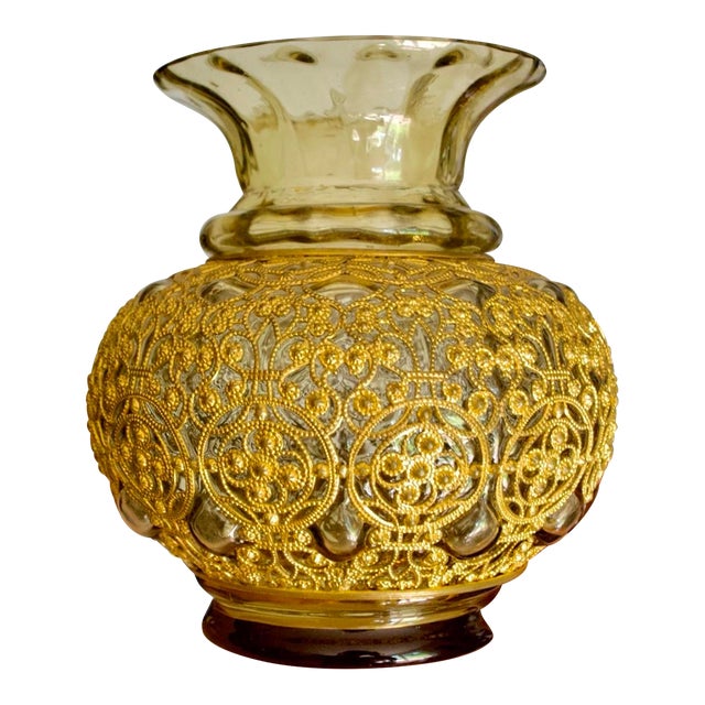 Adolf Heyden for Fritz Heckert Antique Glass Vase – Brass Caged Olive Green Art Glass, Circa 1880s For Sale