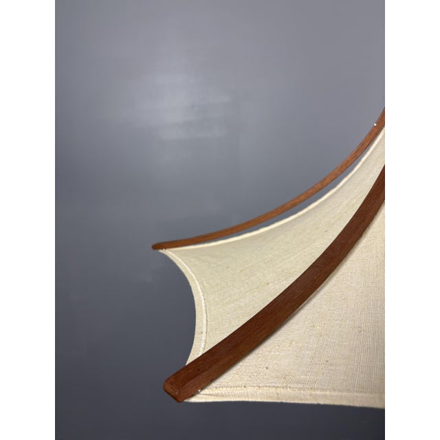 Teak and Linen Umbrella Pendant Lamp attributed to Domus, 1970s For Sale - Image 9 of 15