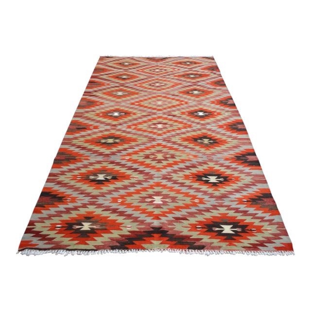 Handwoven Turkish Rug Diamond Pattern Kilim Rug - 5'5" X 10'1" For Sale