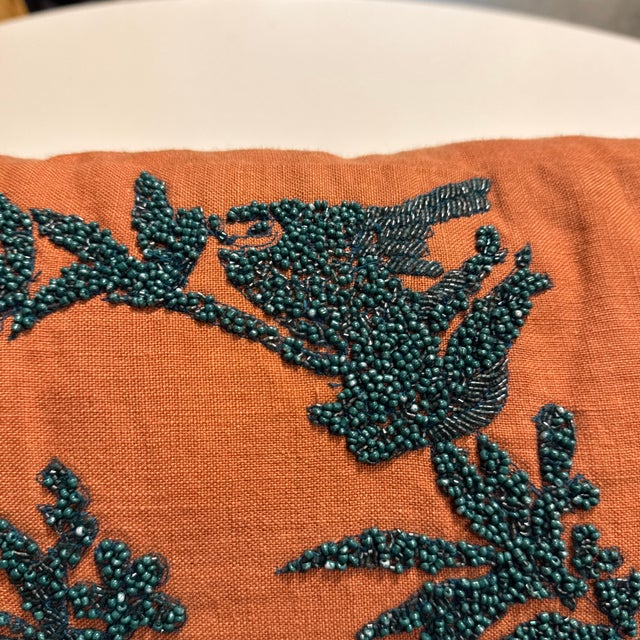 Orange + Dark Green Embroidered Lumbar Pillow For Sale - Image 9 of 12
