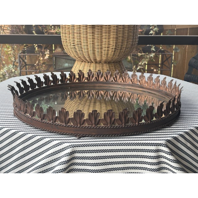 Large Vintage Italian Tole Acanthus Leaf Round Mirrored Tray / Round Mirrored Cocktail Tray For Sale - Image 10 of 17