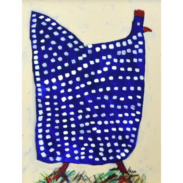 Abstract Original Blue Folk Art Chicken Hen Painting by Ruth Arenz Including the Antiqued Gold Wood Fame For Sale - Image 3 of 5