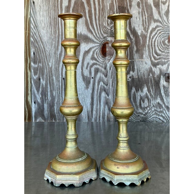 Vintage Boho Brass Candlesticks - A Pair For Sale In West Palm - Image 6 of 7