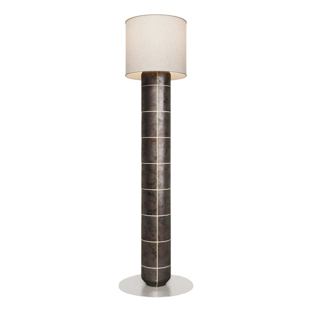 Handcrafted Ceramic Floor Lamp in Black Gasoline Gloss Glaze with Linen Lampshade by Artem Zakharchenko-Halytskyi For Sale