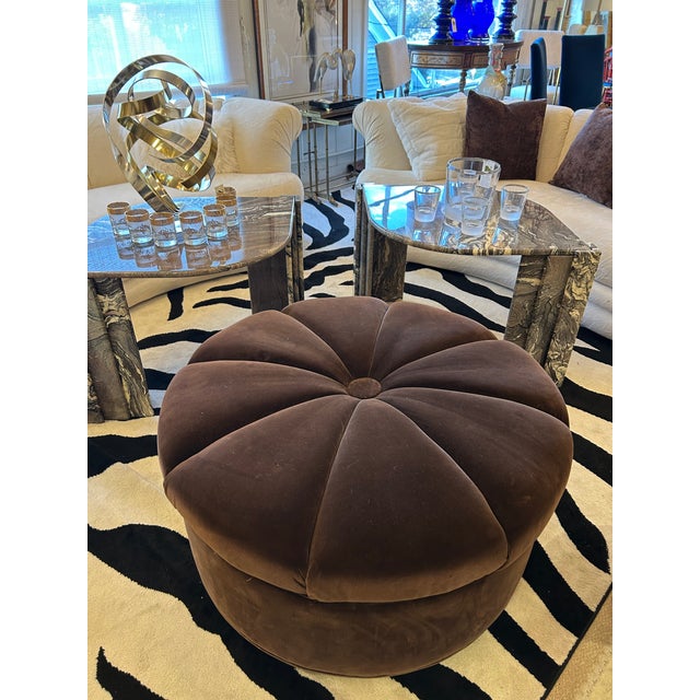 2010s Brown Round Luxurious Velvet Ottoman Pouf For Sale - Image 5 of 6