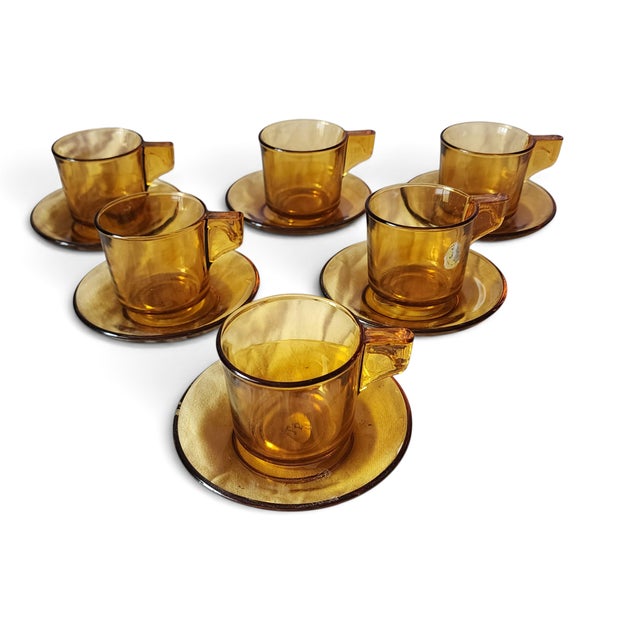 Set 6 Mid Century Amber Glass Demitasse Cups Saucers ~ F&p Lavorazione a Mano For Sale - Image 4 of 7