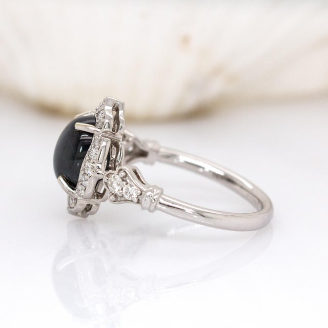 2020s 3.5cts Ceylon Star Sapphire Ring W Diamond Accents in 14k White Gold | Ov 9x7mm For Sale - Image 5 of 7