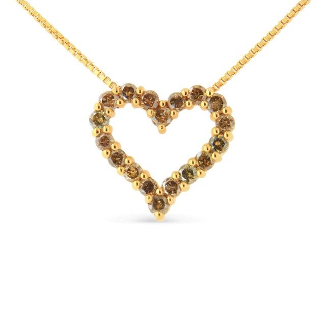 Contemporary 14K Yellow Gold Plated .925 Sterling Silver 1.0 Cttw Champagne Diamond Heart Pendant Necklace - 18" For Sale - Image 3 of 5