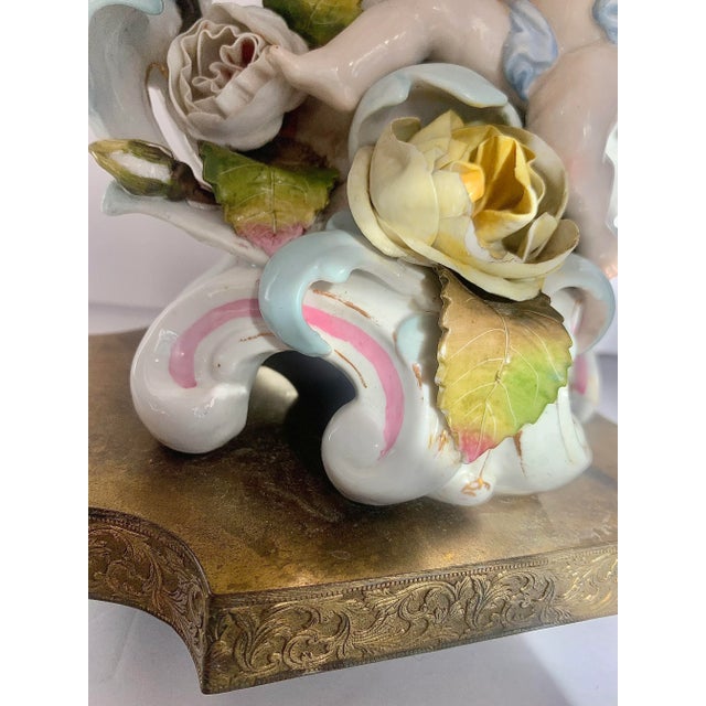 Antique Hand Painted Porcelain Urn Table Lamps in the Style of Capodimonte on Engraved Brass Pedestal Bases- a Pair For Sale - Image 10 of 13