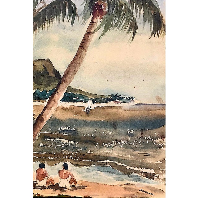 Mid 20th Century A 1940s Watercolor of Diamond Head Viewed From Waikiki Beach For Sale - Image 5 of 7