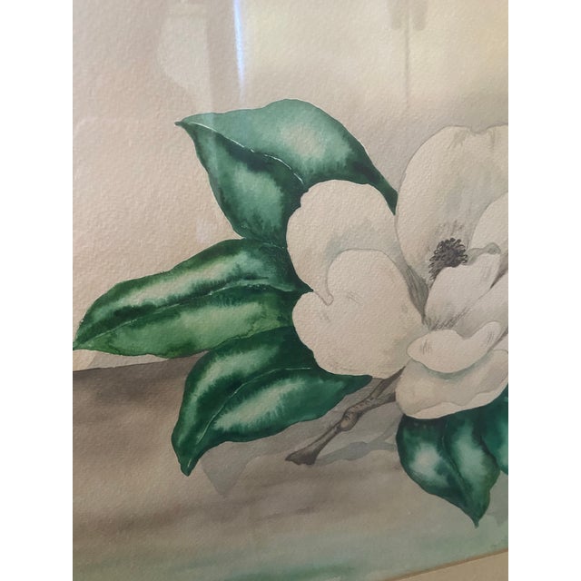 Chinoiserie 1952 Floral Still Life Watercolor by Nita Bradley – Magnolia & Blue Vase, Framed For Sale - Image 3 of 12
