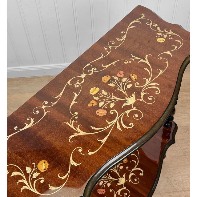 Vintage Italian Rococo Marquetry Fruitwood Console Hall Table For Sale - Image 6 of 12
