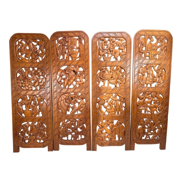 Monumental 1990s Yoruba Hand-Carved Double-Sided Nigerian Wood Screen Panels, Set of Four For Sale