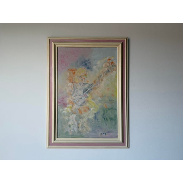 1970’s Iras “Guitar + Girl” Impressionist Abstract Oil on Canvas Painting, Framed For Sale - Image 11 of 12
