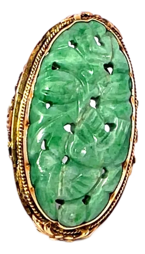 14k Yellow Gold Carved Jade Vintage Ring, Size 3.5