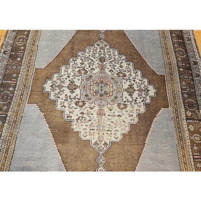 Vintage Turkish Oushak Rug, Hand-Knotted, Geometric Design, Pale Blue, 7' x 10' For Sale - Image 10 of 16