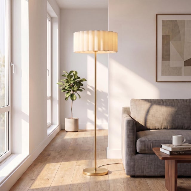 Contemporary NOVA Slimline Scallop Floor Lamp, Handcrafted Weathered Brass Steel, 61" Tall, 16"x8" White Linen Scalloped...