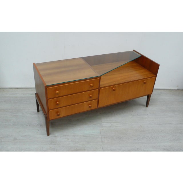 Brown Mid-Century Modern Lowboard Chest of 3 Drawers with Door and Glass Cover, 1960s For Sale - Image 8 of 8