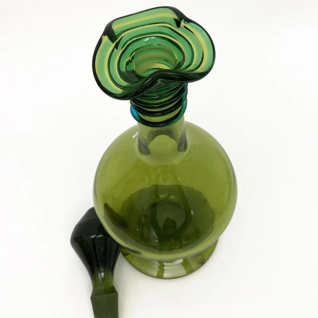 Mid-Century Modern Vintage Blenko Decanter, by Joel Philip Myers, Circa 1968, Olive Green For Sale - Image 3 of 11