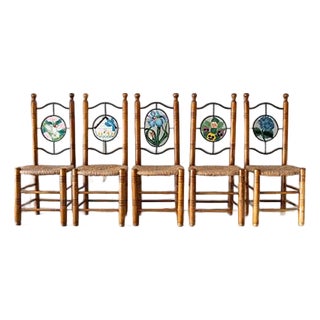 Vintage Folk Art Dining Chairs With Woven Rush Seats - Set of 5 For Sale