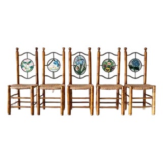Vintage Hand Painted Folk Art Dining Chairs With Woven Rush Seats - Set of 5 For Sale