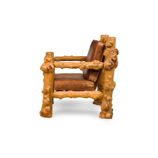 Rustic Blond Root Wood and Embossed Leather Throne Armchair | Chairish