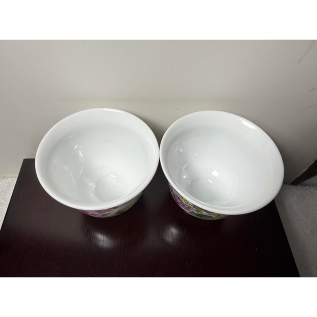 Late 20th Century Kangxi Signed Chinese Famille Rose Flower Cups W/Poem Hand Painted - a Pair For Sale In Charlotte - Image 6 of 12
