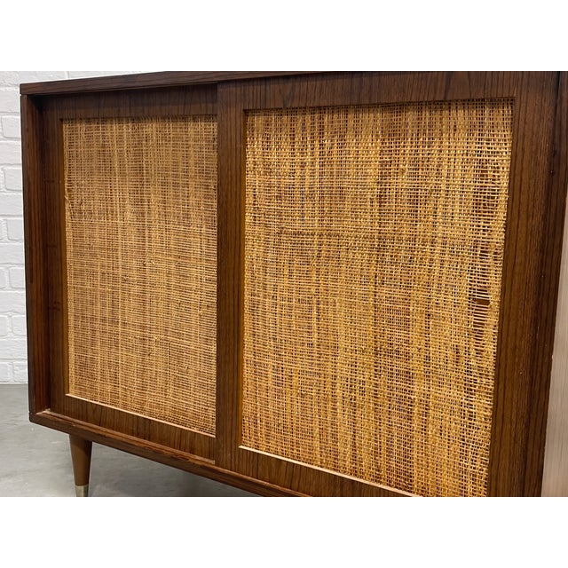 Mid Century Modern Caned Front Jr. Credenza | Small Storage Cabinet, C. 1950's For Sale - Image 10 of 12