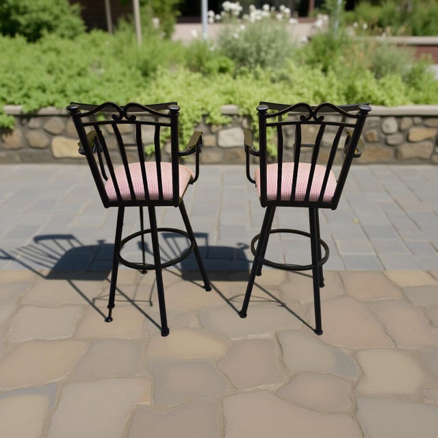 Hollywood Regency Late 20th Century Pair of Vintage Black Metal Swivel Bar Stools With Upholstered Seats For Sale - Image 3 of 4