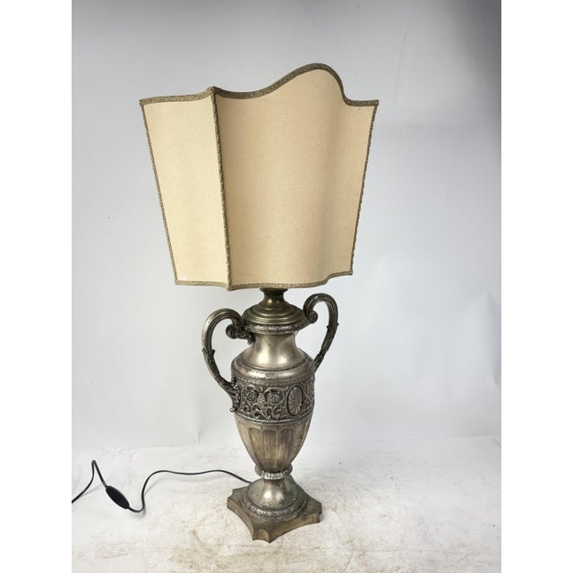 Gold Antique Brass Table Lamp with Silk Shade, 1890s For Sale - Image 8 of 18