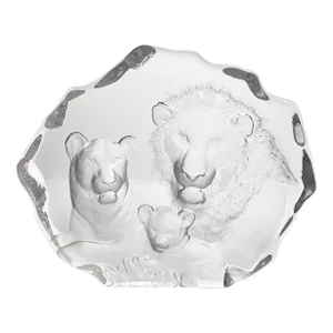 1990s Mats Jonasson “Lion & Family” Crystal Swedish Paperweight Sculpture