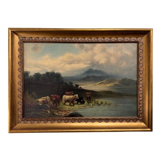 19th Century Oil on Canvas "Cattle by Stream" For Sale