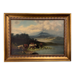 19th Century Oil on Canvas "Cattle by Stream"